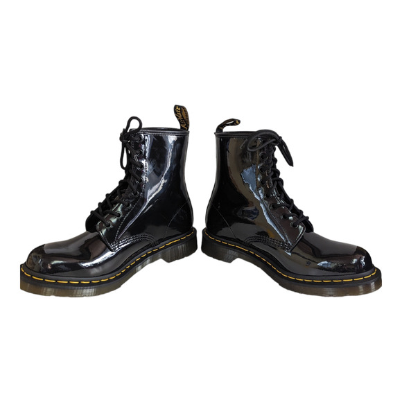Dr, Martens Black Patent Leather 1460 Lamper Boots Yellow Stitching Size 10 NWOT - Picture 4 of 13